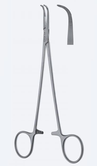 Зажими, дисекційні та лігатурні, "Baby-Adson", вигнуті, зубчасті щелепи, з кремальєрою, загальна довжина 140 мм. Бренд - Asanus Medizintechnik Gmb, Німеччина